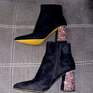 Betsey Johnson Black Ankle Boots with Multicolor Heel
